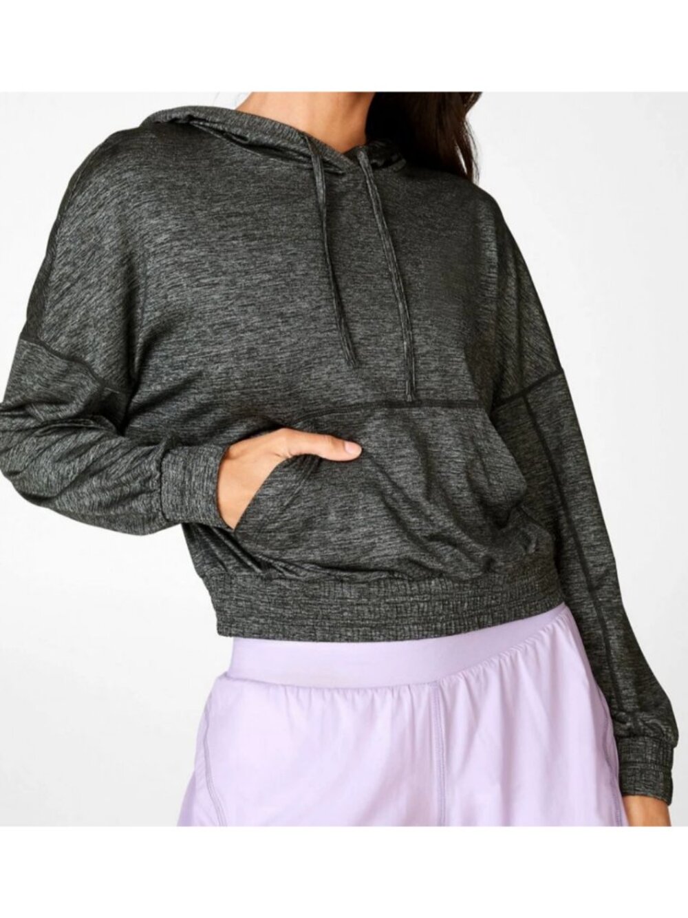 Fabletics Bea Long Sleeve Pullover Hoodie Top Heather Grey Metallic Shimmer XS